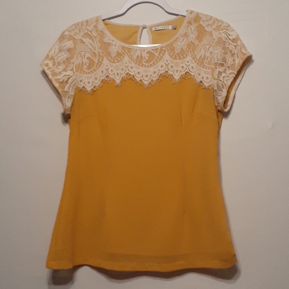 Mikarose Tops - MIKAROSE MUSTARD YELLOW LACE TRIM BLOUSE